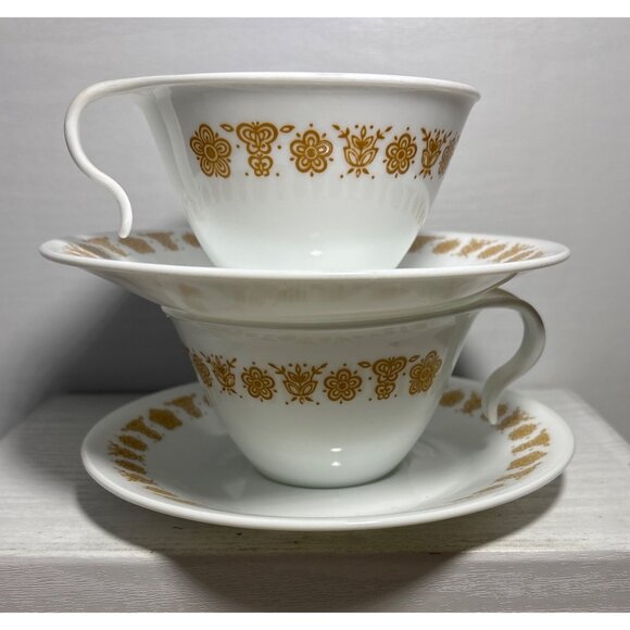 Vintage Corelle Butterfly Gold Tea Cups With Hook Handles and Saucers Set of 2 - Picture 2 of 12